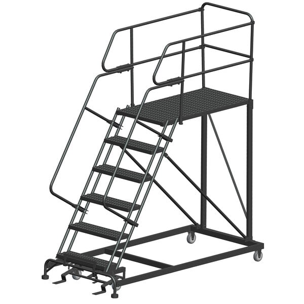 A black metal Ballymore work platform ladder with metal bars.