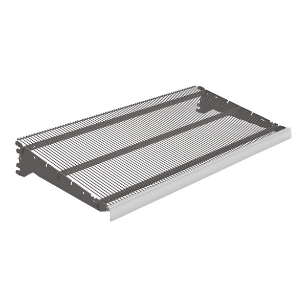 A Wanzl Wire Tech scanner price rail with black lines on a metal shelf.