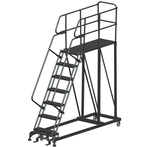 A black metal Ballymore mobile work platform ladder with wheels.