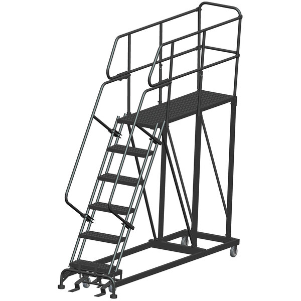 A black metal Ballymore work platform ladder with metal railings and wheels.