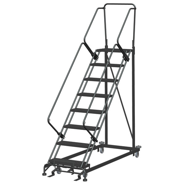 A gray steel Ballymore Cal/OSHA compliant stairway slope ladder with metal bars.