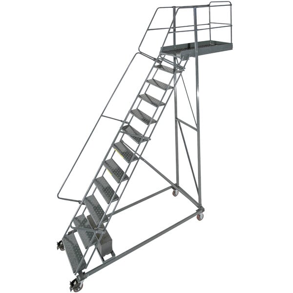 A Ballymore metal rolling ladder with metal bars and wheels.