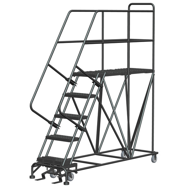 A black metal Ballymore mobile work platform ladder with metal bars and a few steps.
