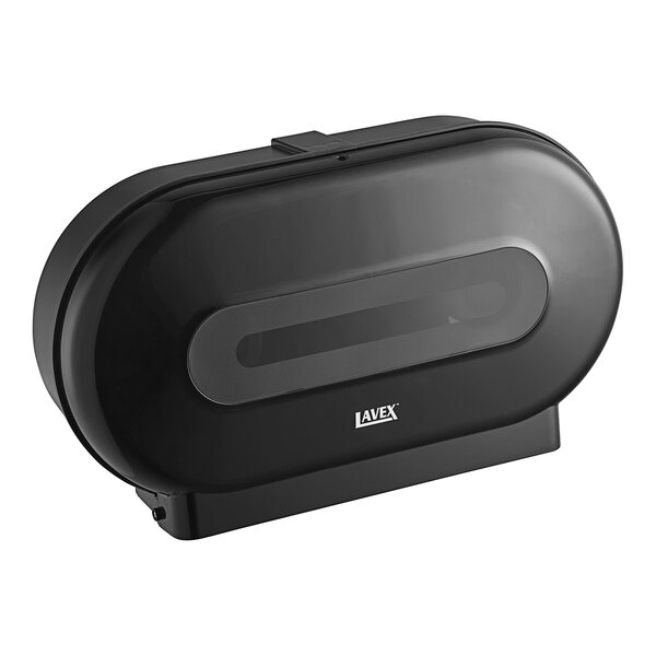 A black rectangular Lavex double roll toilet paper dispenser with a clear lid.