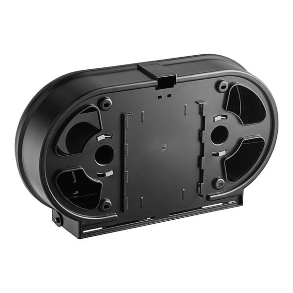 A black plastic Lavex double roll toilet tissue dispenser with holes.