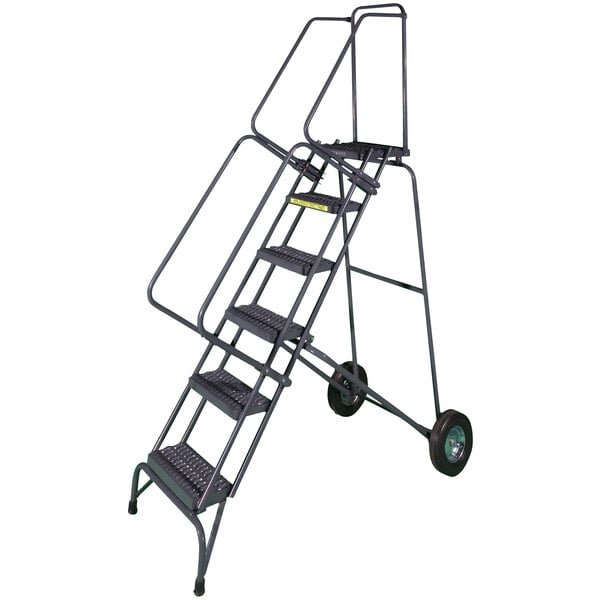 A gray steel Ballymore rolling safety ladder with 8 steps and wheels.