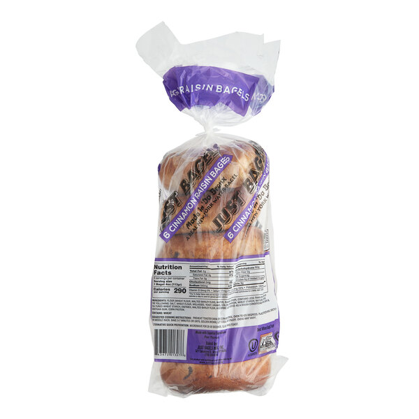 A white bag of Just Bagels Cinnamon Raisin Bagels with a label.