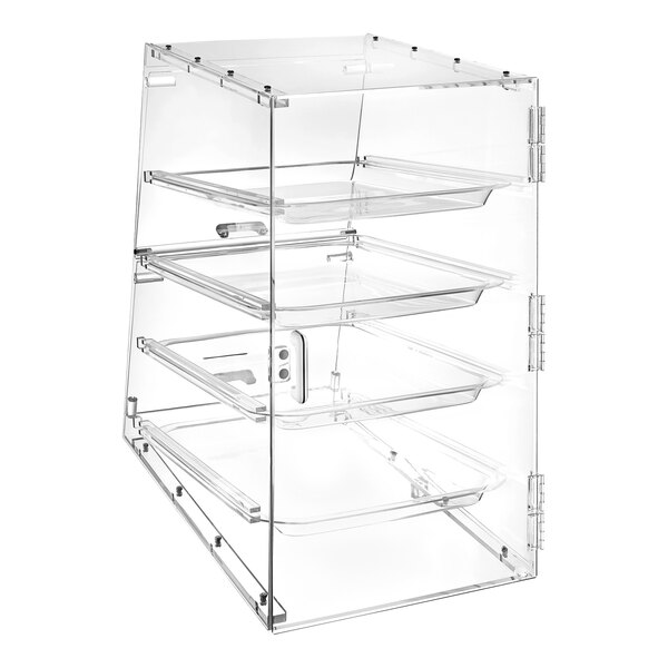 A clear plastic display case with four trays.