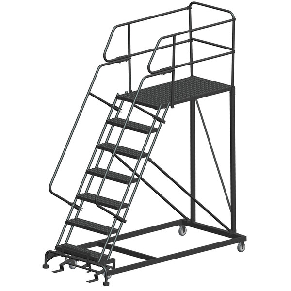 A black metal Ballymore mobile work platform ladder with handrails and wheels.