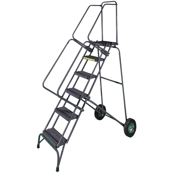A gray steel Ballymore folding rolling safety ladder with 11 steps and wheels.