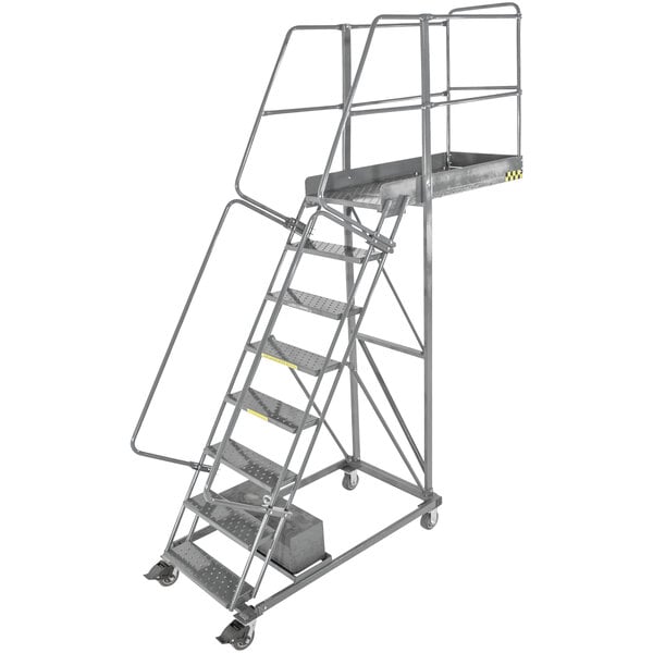 A Ballymore steel rolling cantilever ladder with a platform and handrail.