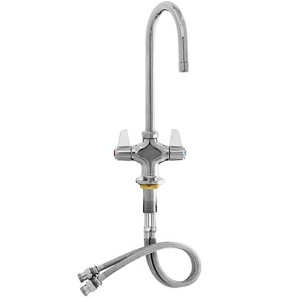 A Equip by T&S deck-mounted faucet with a gooseneck spout and lever handles.