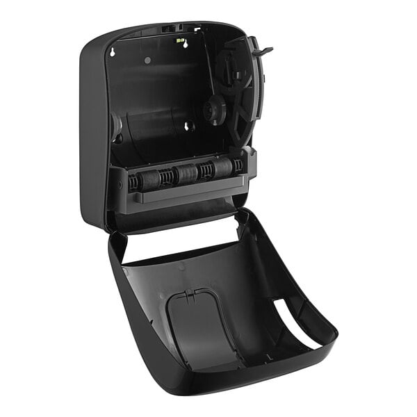 A black Lavex paper towel dispenser with a lever open on a counter.