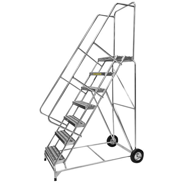 A metal ladder with 7 steps, wheels, and a handrail.