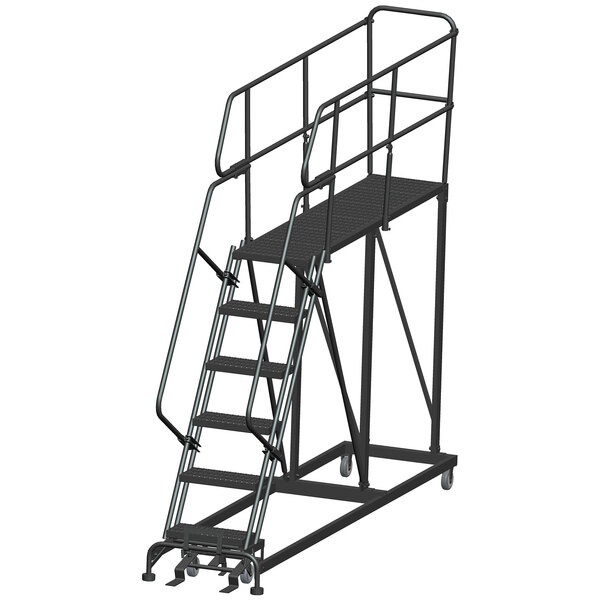 A black metal Ballymore ladder with metal railings.