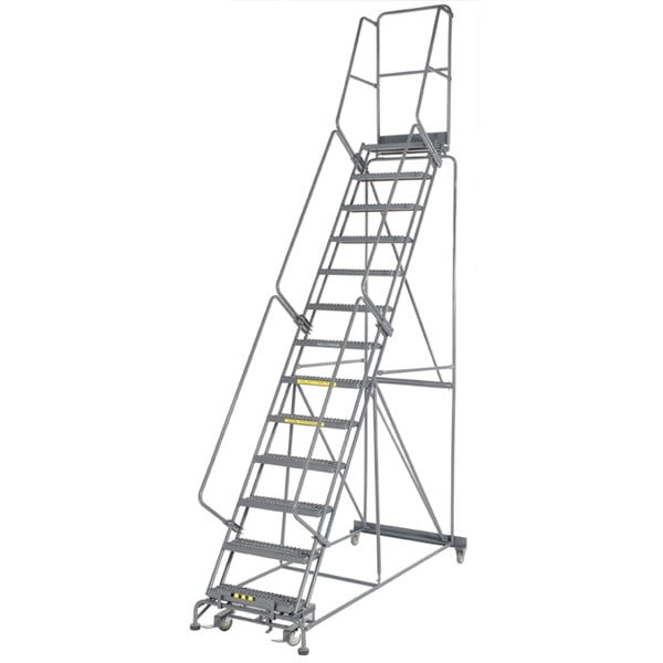 A Ballymore gray steel rolling safety ladder with handrails and wheels.
