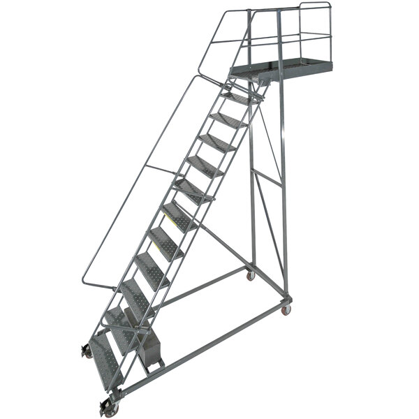 A Ballymore steel cantilever ladder with wheels and metal handrails.