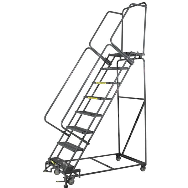 A gray Ballymore steel rolling ladder with metal railings.