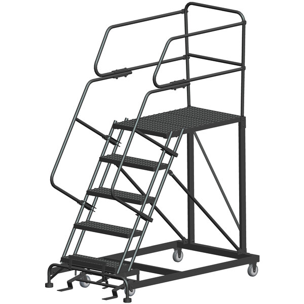 A black metal Ballymore mobile work platform ladder with metal bars and wheels on it.