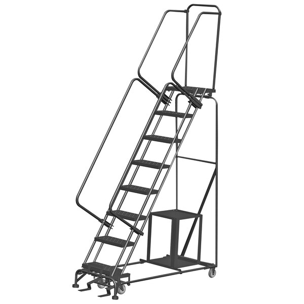 A gray steel Ballymore rolling safety ladder with metal railings.