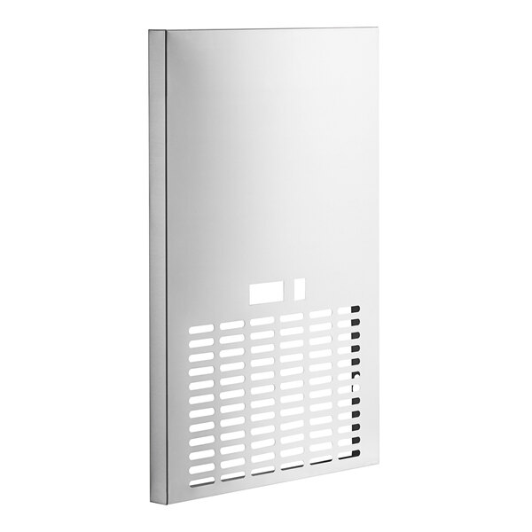 A white rectangular stainless steel grille with holes.