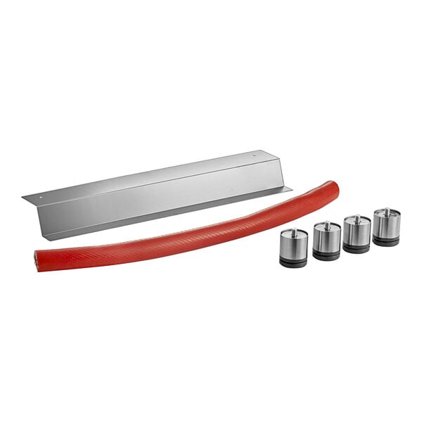 A red tube with silver metal and round metal cylinders with red rubber pieces on the ends.