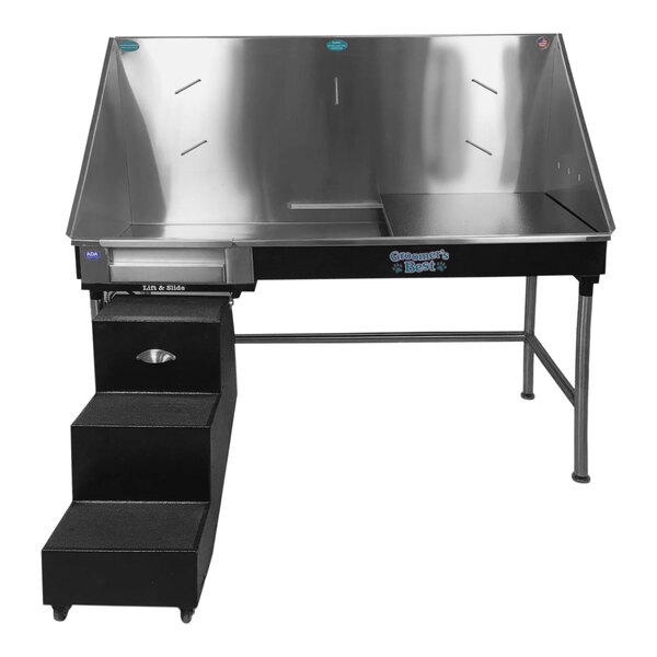 A black stainless steel Groomer's Best ADA bathing tub with a left ramp.