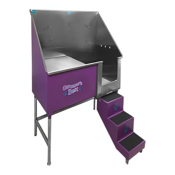 A purple and silver Groomer's Best dog grooming tub with a left ramp.