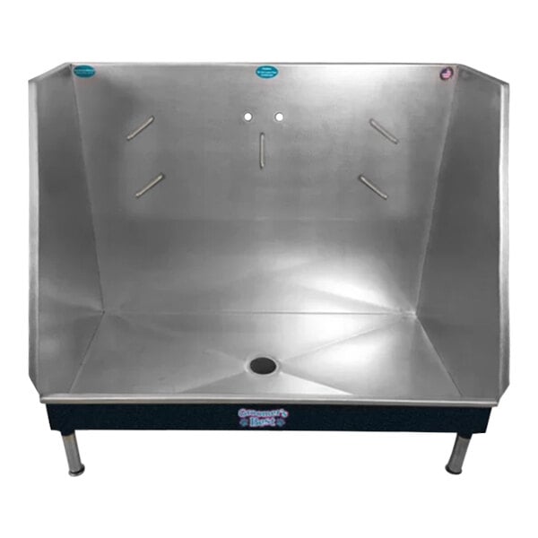 A black metal Groomer's Best walk-in dog bathing tub with a center drain.