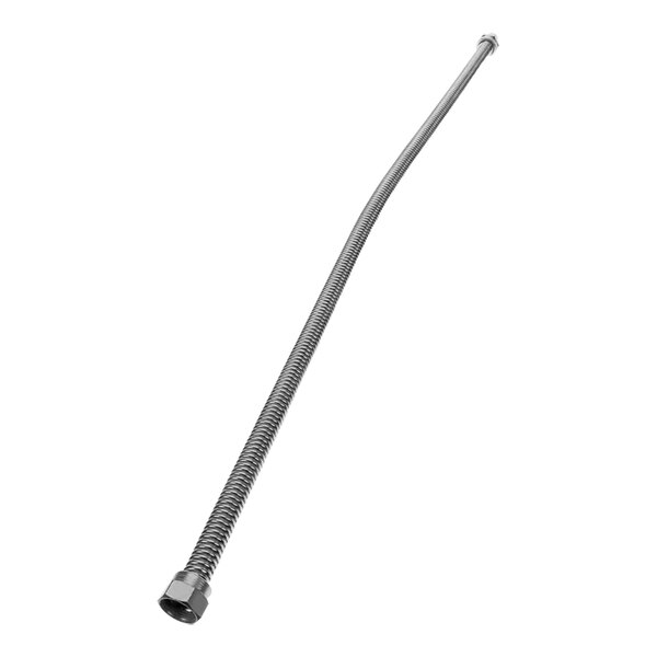 A stainless steel long metal coiled tube with a nut.