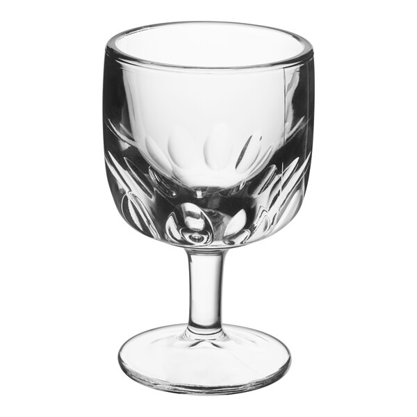 A clear Libbey schooner glass with a stem.