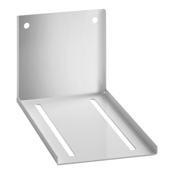 A white metal ceiling bracket with two holes.