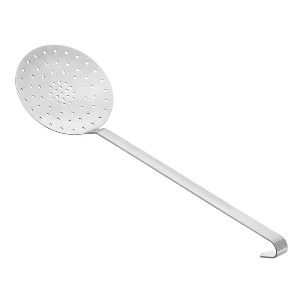 A silver stainless steel skimmer with holes in the bottom.