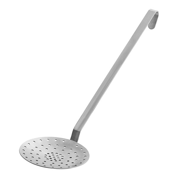 A stainless steel Choice skimmer with a long handle and ball-shaped strainer.