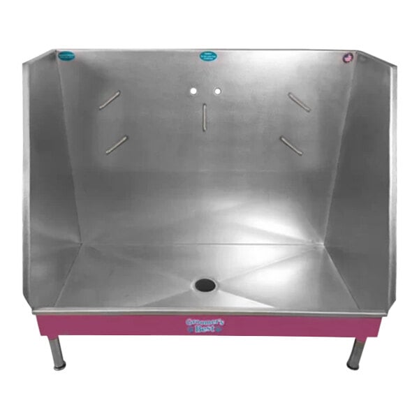 A stainless steel dog bathing tub with a pink frame and blue handles.