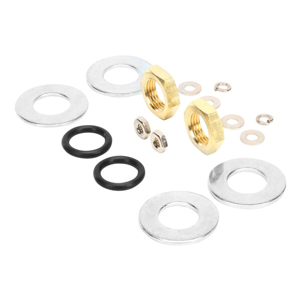 A group of brass nuts and washers.