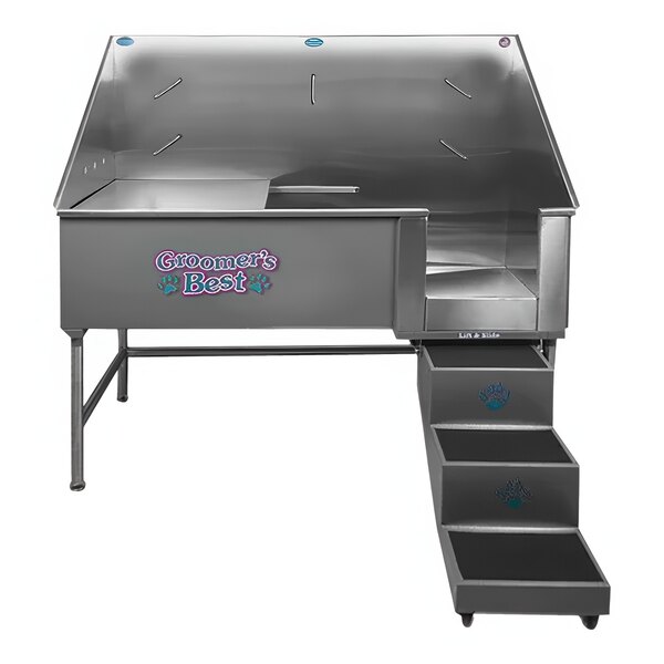 A silver pet grooming table with steps on the right.