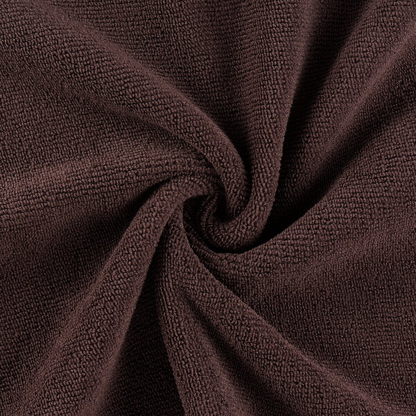 A close up of a brown Monarch Brands microfiber hand towel with a spiral pattern.