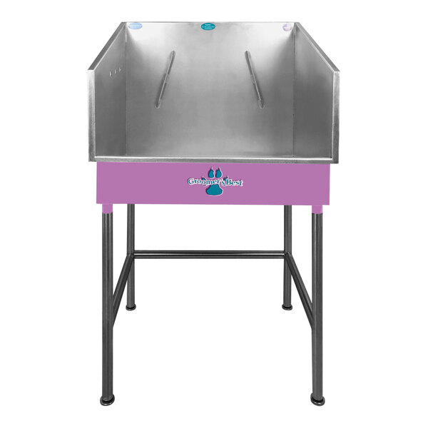A silver and purple metal Groomer's Best dog bathing tub.