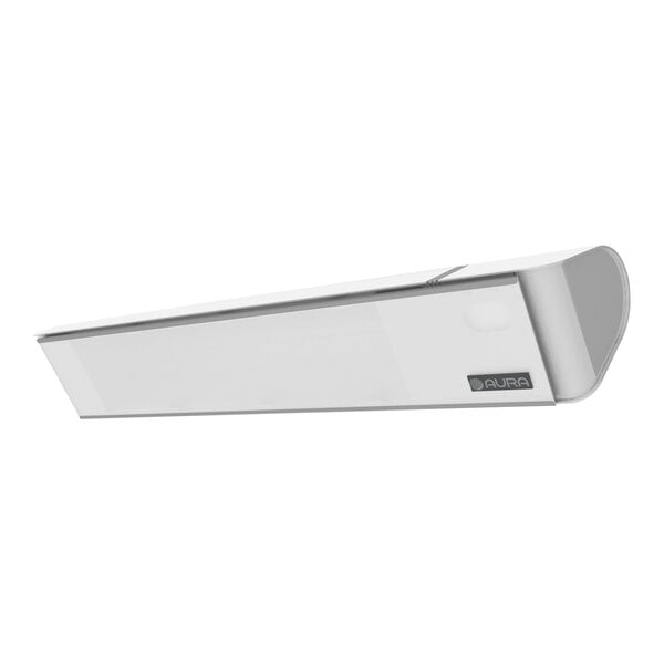 Aura Decor white aluminum and ceramic glass electric infrared heater with a white background.