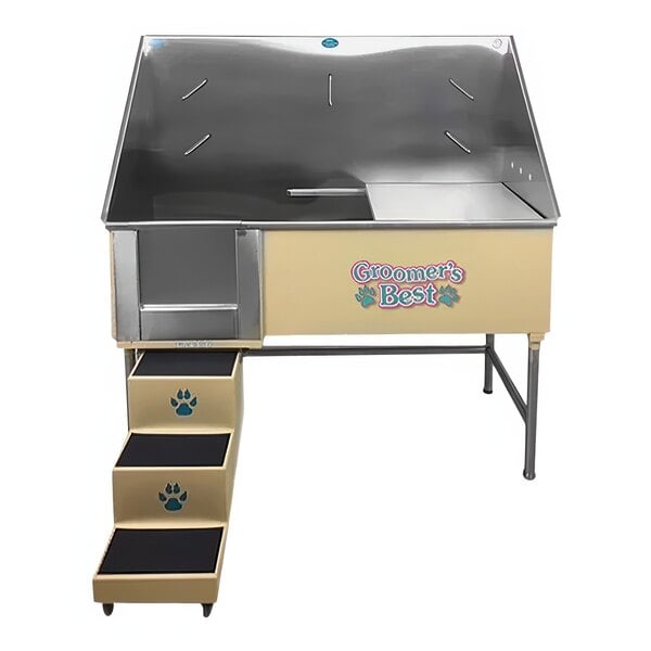 A tan Groomer's Best dog bathing tub with a metal stand on a ramp with paw prints.