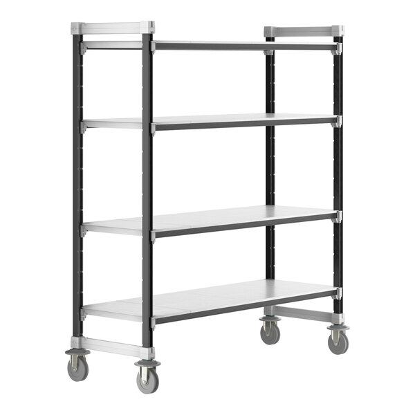 A grey metal Cambro Camshelving unit with wheels.