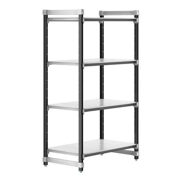 A black and grey Cambro Camshelving® Elements XTRA 4-shelf starter unit.