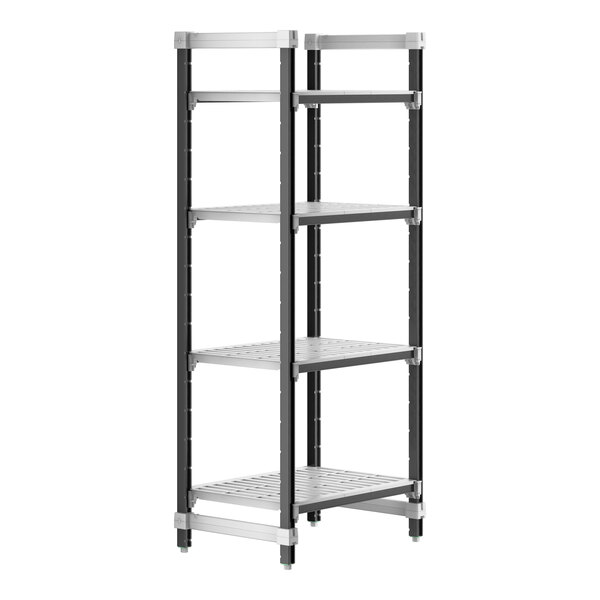 A black and silver metal Cambro Camshelving® Elements unit with four shelves.