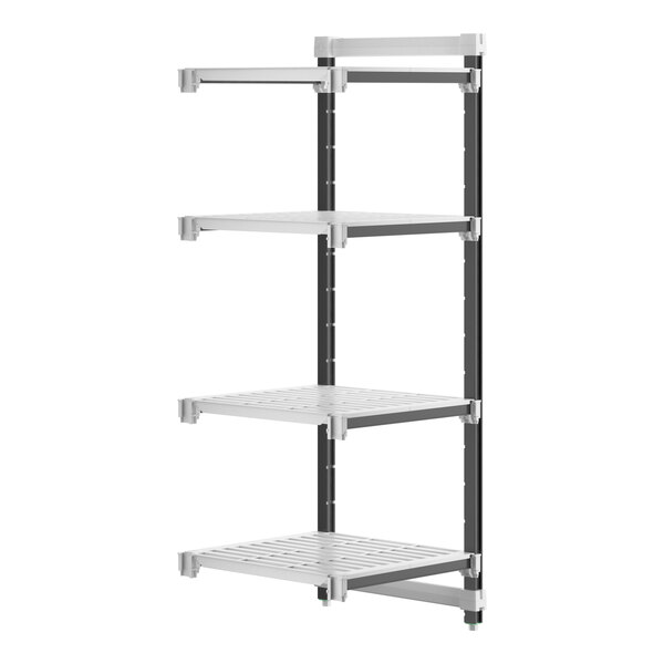 A white metal Cambro Camshelving Elements XTRA add-on unit with black vents and legs.