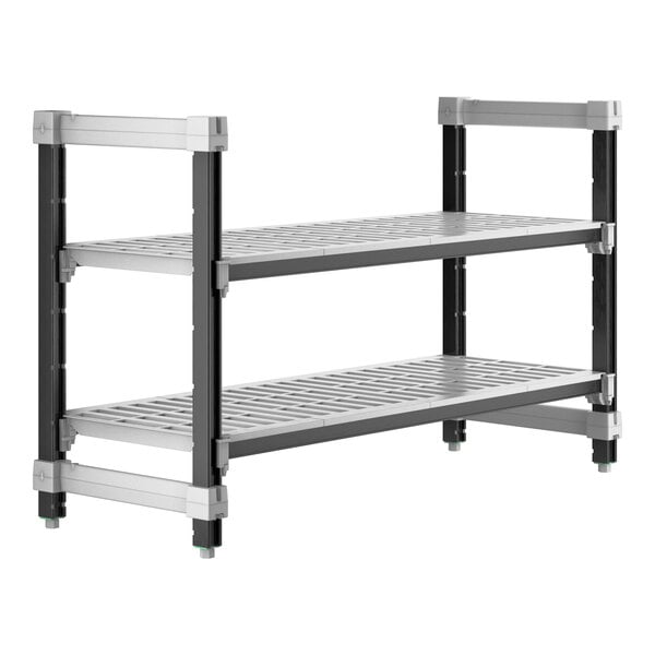 A grey Cambro Camshelving® Elements undercounter unit with black shelves.