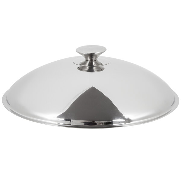A close-up of a silver Vollrath Orion chafer lid with a metal handle.