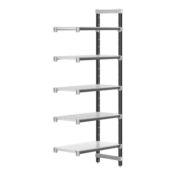 A white metal Cambro XTRA Camshelving unit with shelves.