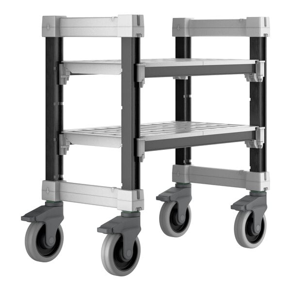 A white Cambro Camshelving Elements undercounter cart with black wheels.