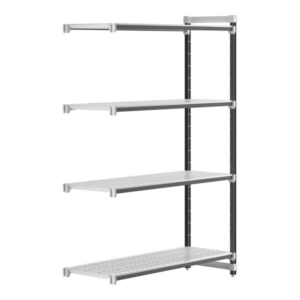A metal Cambro Camshelving Elements add-on unit with four shelves.